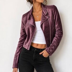 Aeropostale Velvet Moto Jacket Mauve Purple Lace Cuff Zip Crop Small Boho